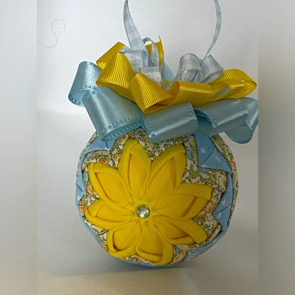 Blue and Yellow Floral Flower Ribbon Bow Holiday Christmas Ornament
